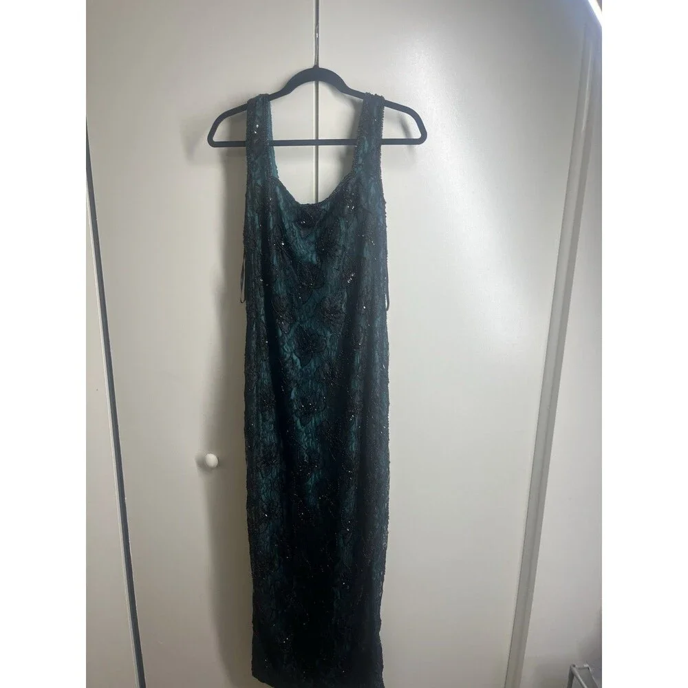 Vintage Brilliante by J.A. Black Silk Beaded with Emerald Green Evening Gown. - Picture 1 of 11